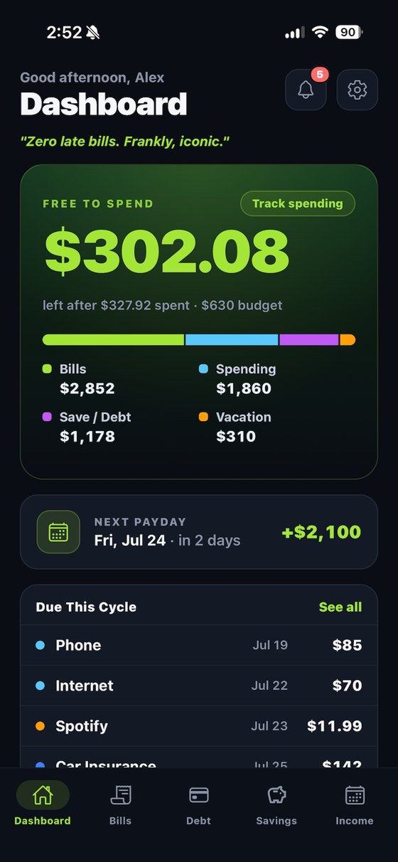 Payday Flo dashboard showing money free to spend, the next payday, and bills due this cycle